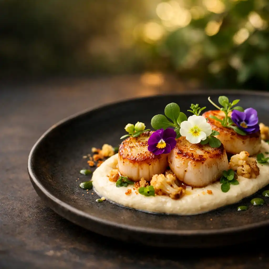 Seared scallops with cauliflower purée, edible flowers, and microgreens on a dark ceramic plate