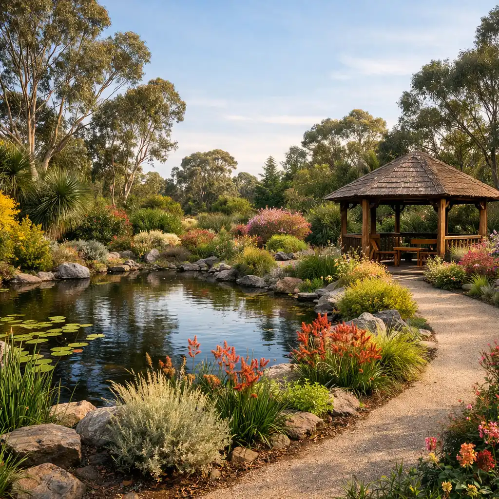 Panoramic view of the botanical gardens with native Australian plants, a small pond, and a wooden gazebo