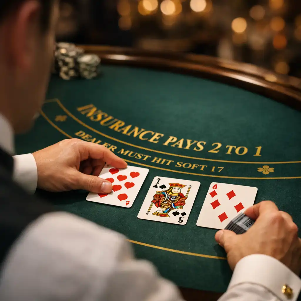 Intimate casino salon with a classic blackjack table, plush chairs, and gold filigree details