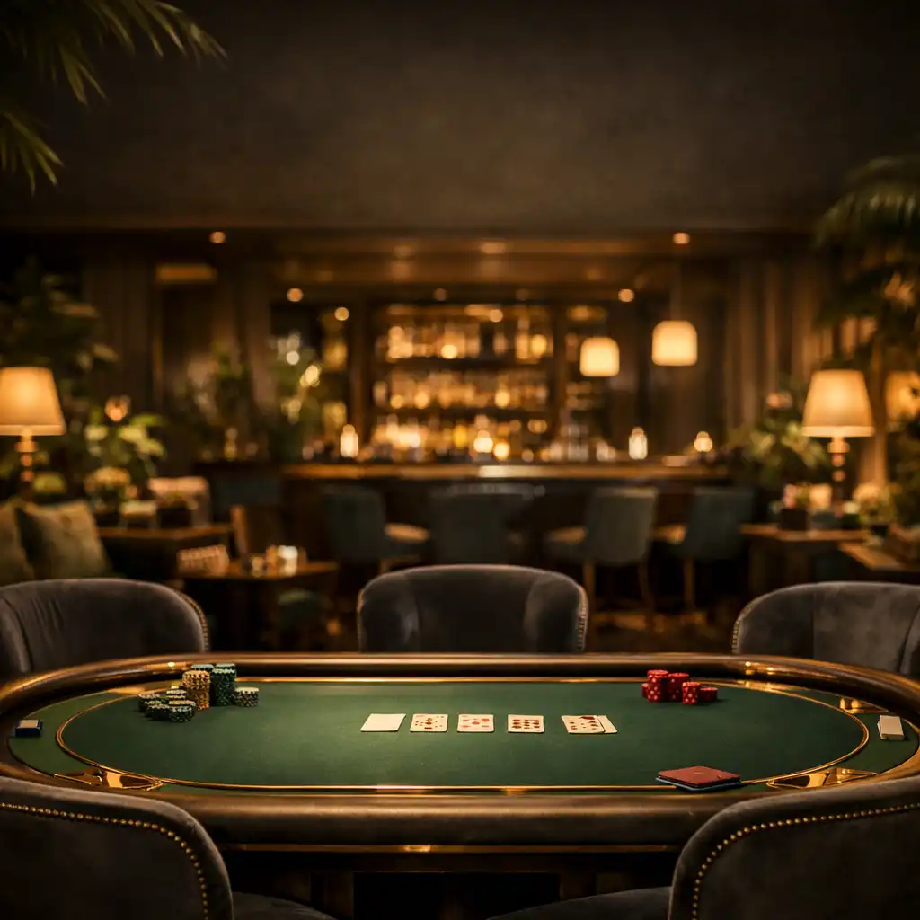 Luxurious casino spa lounge interior with a green felt table, gold trim, and warm botanical lighting