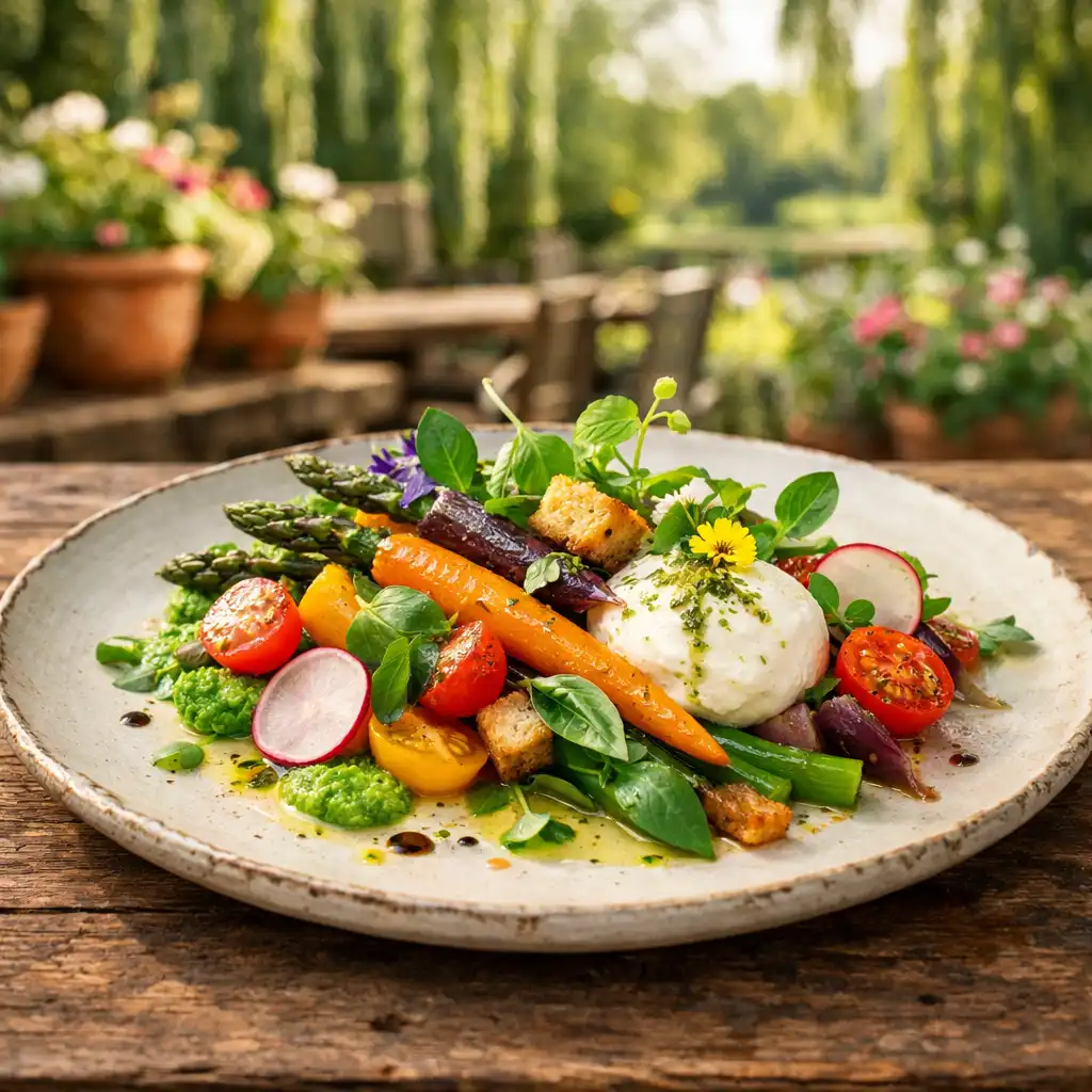Beautifully plated farm-to-table dish on a rustic wooden table with a blurred garden terrace in the background