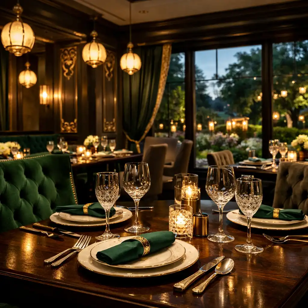 Dining room of the farm-to-table restaurant with dark wood tables, plush chairs, and gold filigree accents