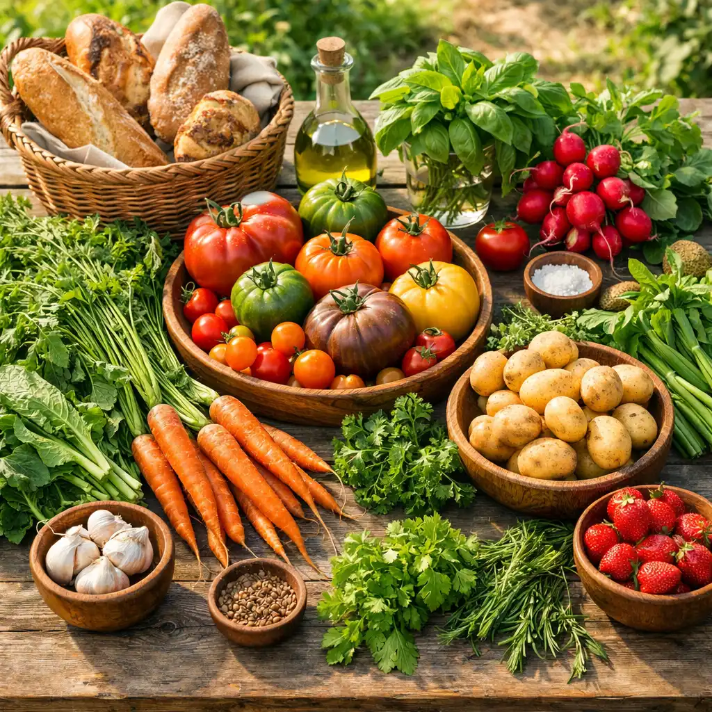 Fresh seasonal produce including heirloom tomatoes, leafy greens, carrots, herbs, and a basket of bread on a rustic wooden table