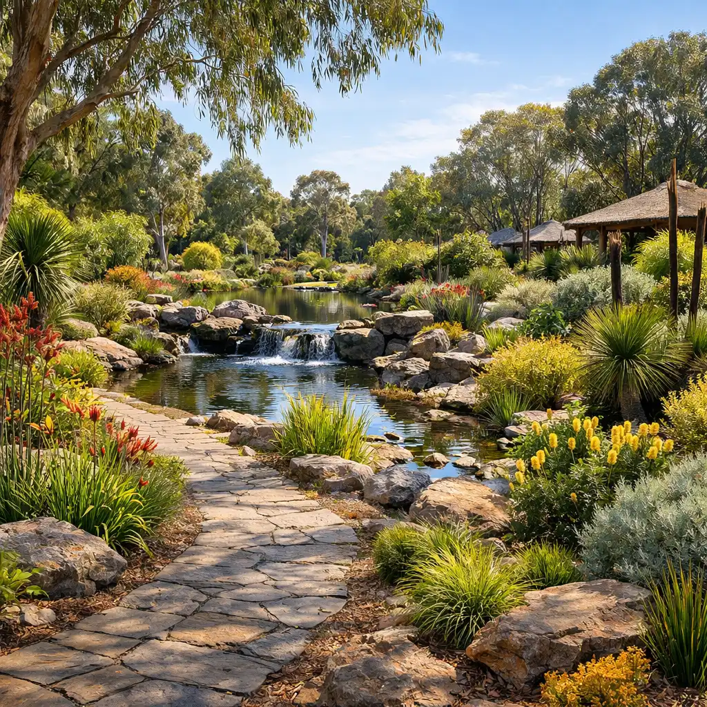 Wide view of the resort botanical gardens with winding stone path and water feature
