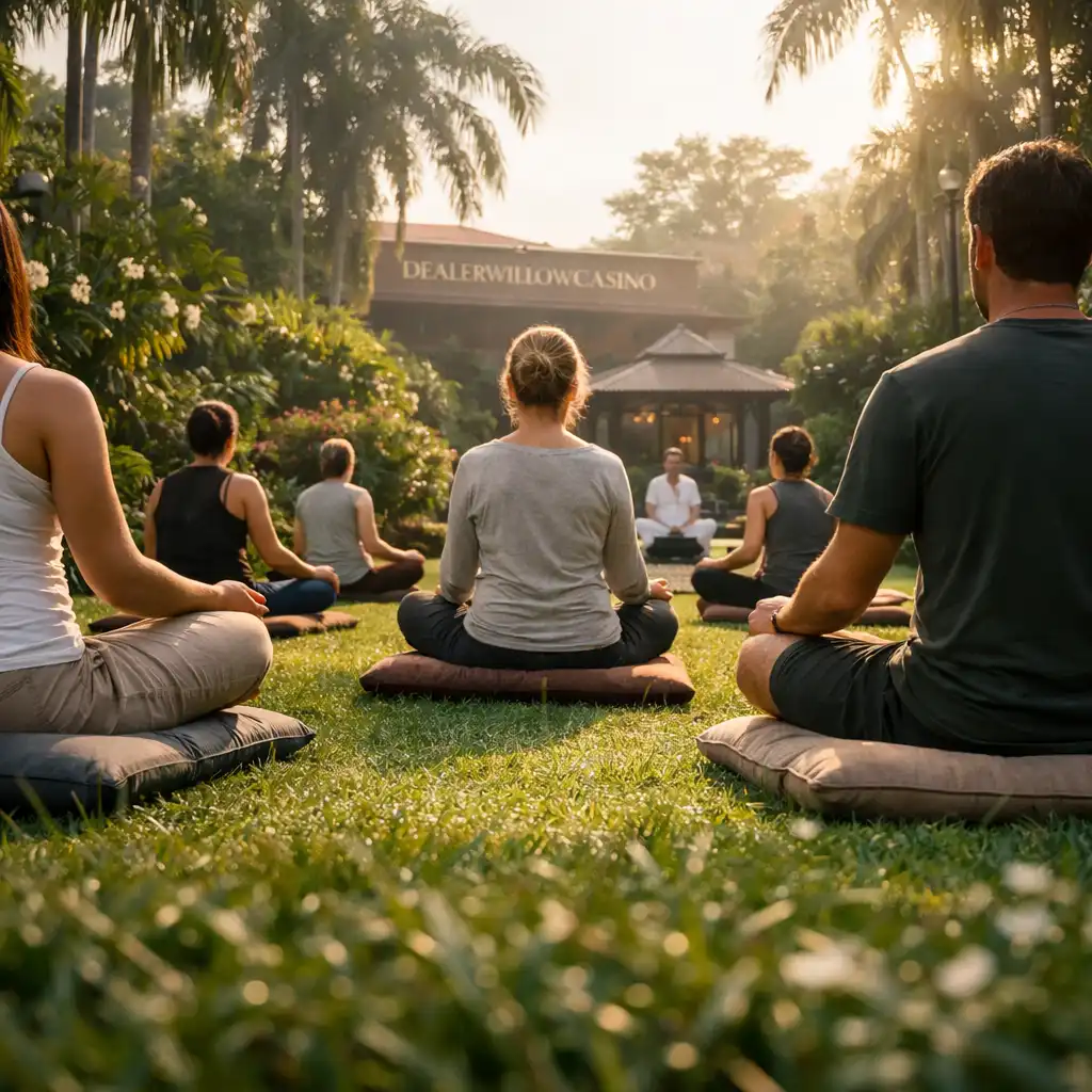 Guests meditating on a lawn in the botanical garden at sunrise
