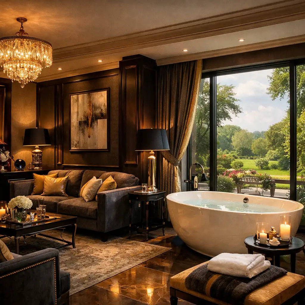 Garden Suite living area with separate seating, deep soaking tub, and panoramic garden views
