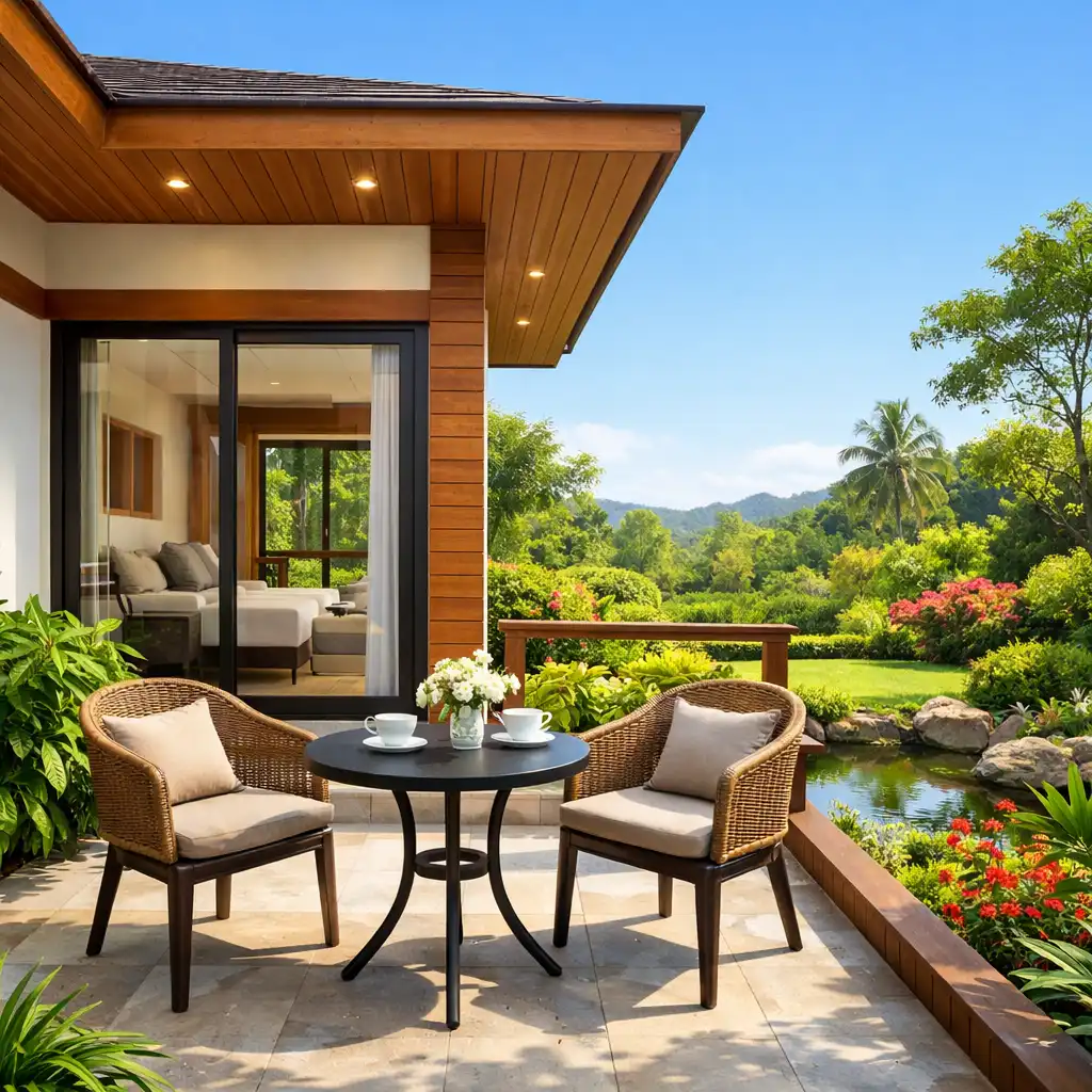 Garden View Villa exterior with private terrace overlooking lush greenery