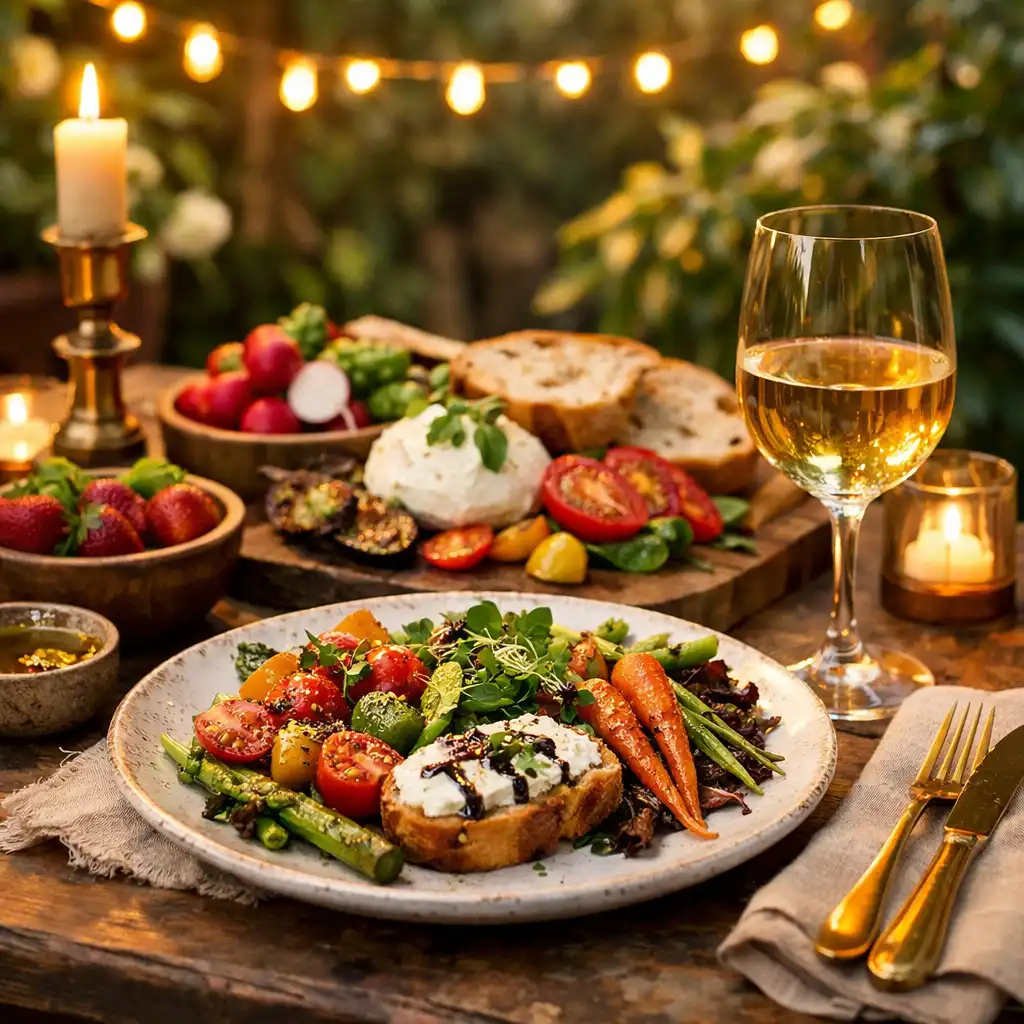 Beautifully set farm-to-table dining table on a garden terrace