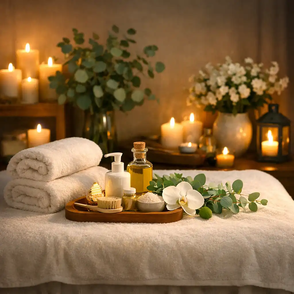 Serene spa treatment room with massage table, candles, and botanical elements