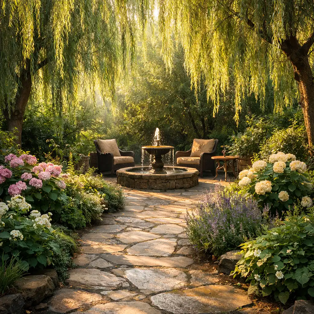 Tranquil garden path lined with willow trees and flowering shrubs at Dealerwillowcasino