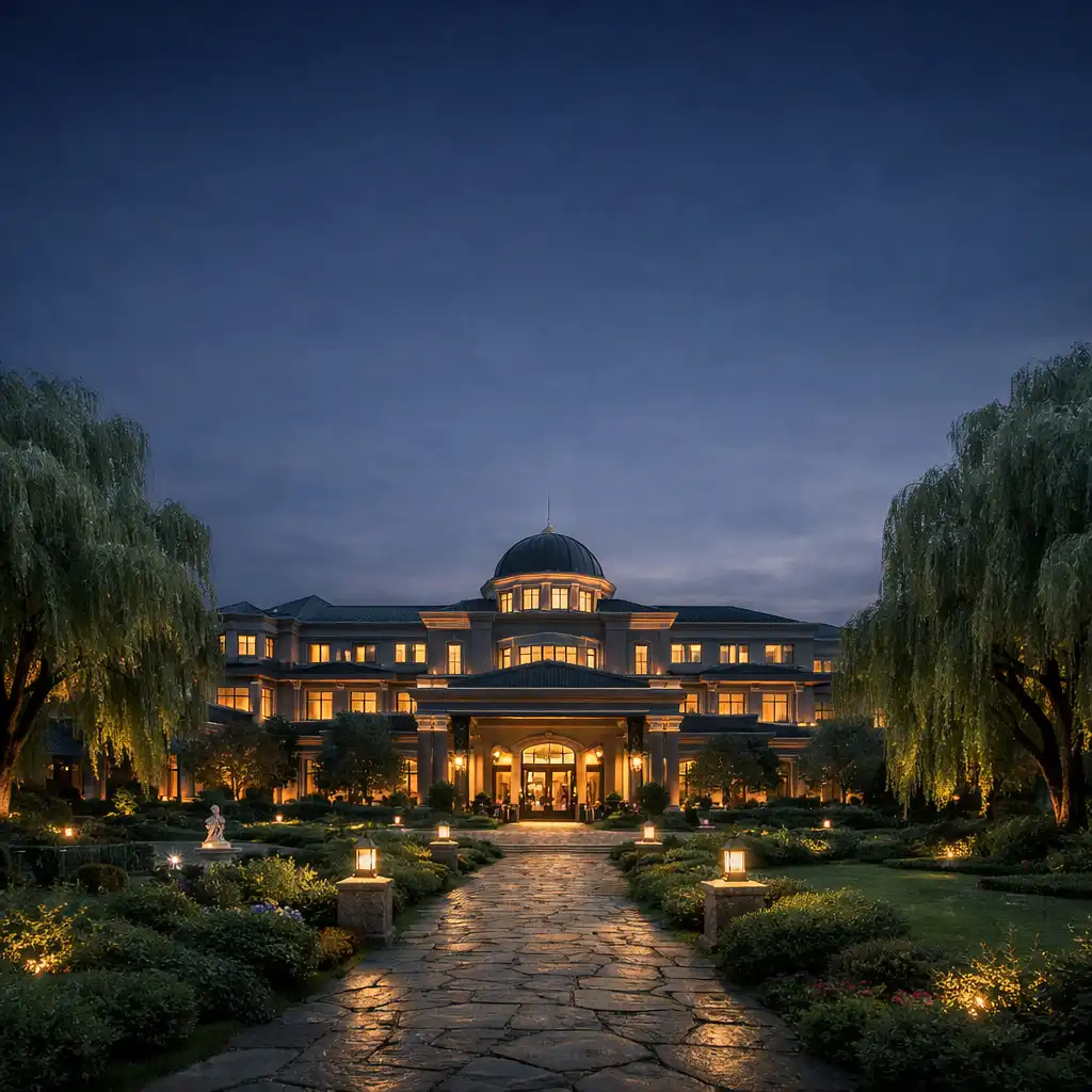 Dealerwillowcasino Hotel & Garden Resort at dusk, surrounded by willow trees and manicured gardens