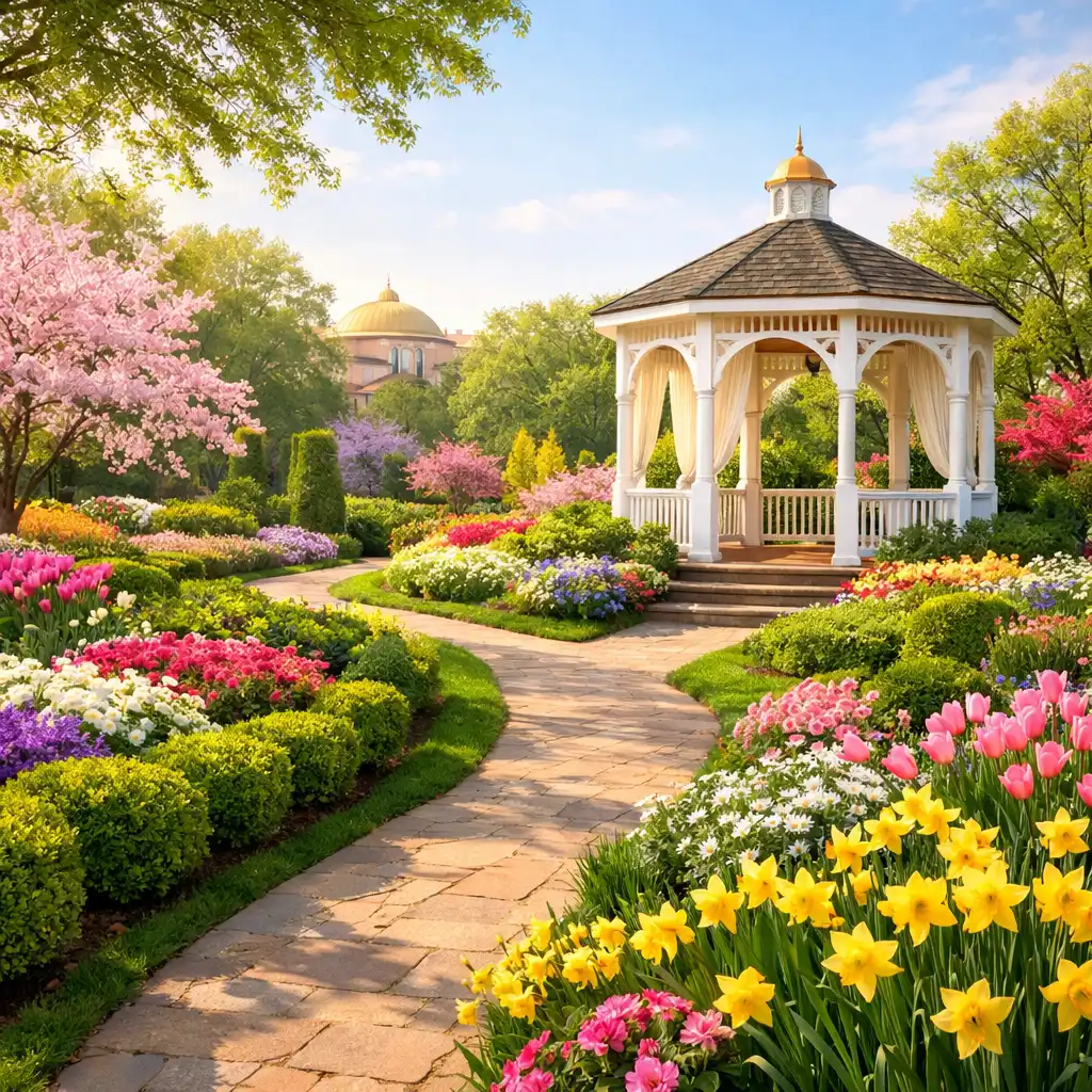 Spring garden in full bloom with a winding path leading to a gazebo