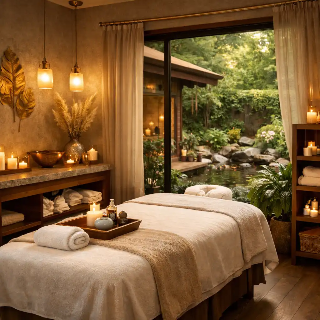 Spa treatment room with massage table and garden view
