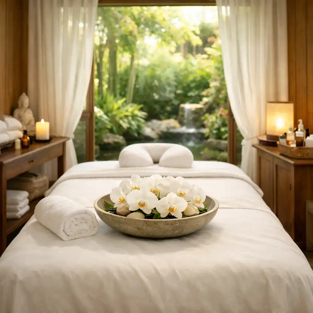 Serene spa treatment room with natural stone walls, white linens, and soft candlelight