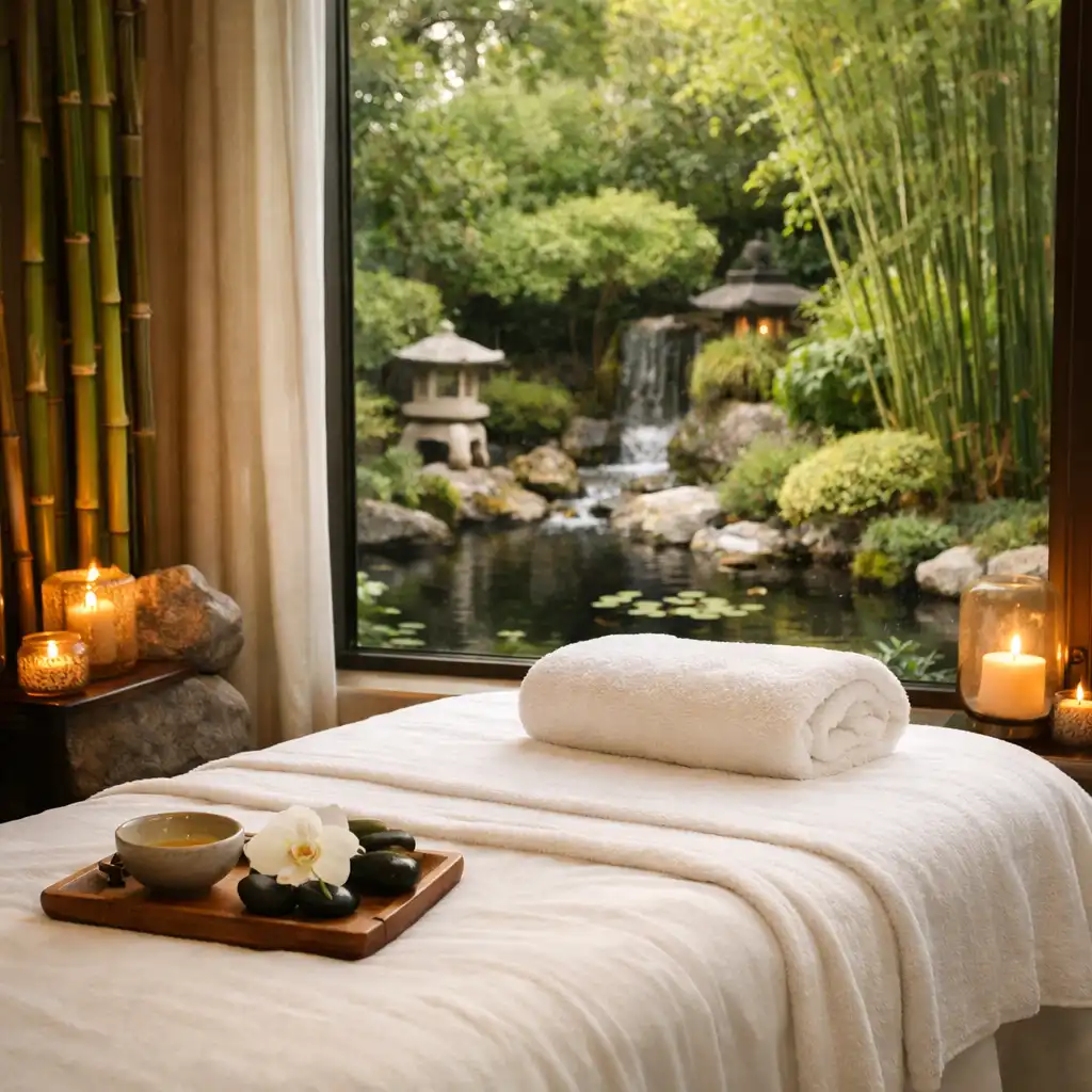 Serene spa treatment room with a massage table draped in white linens, natural elements, and a view of a tranquil garden