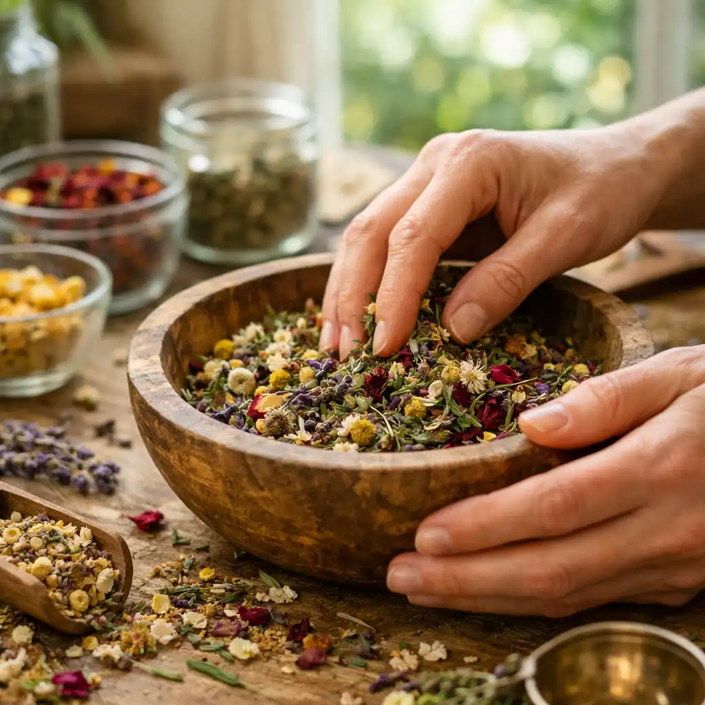 Hands blending dried herbs in a wooden bowl during a tea workshop