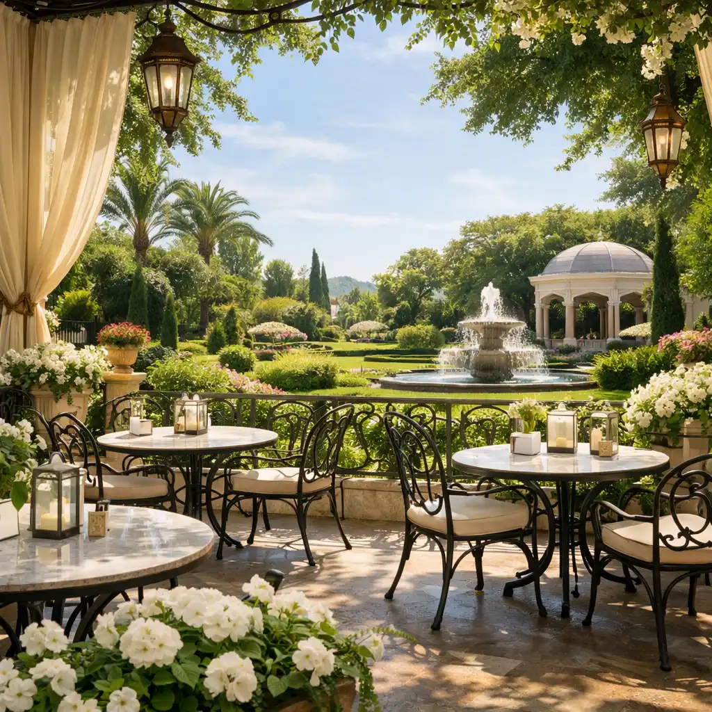 Outdoor terrace of the restaurant with wrought-iron tables among garden plantings