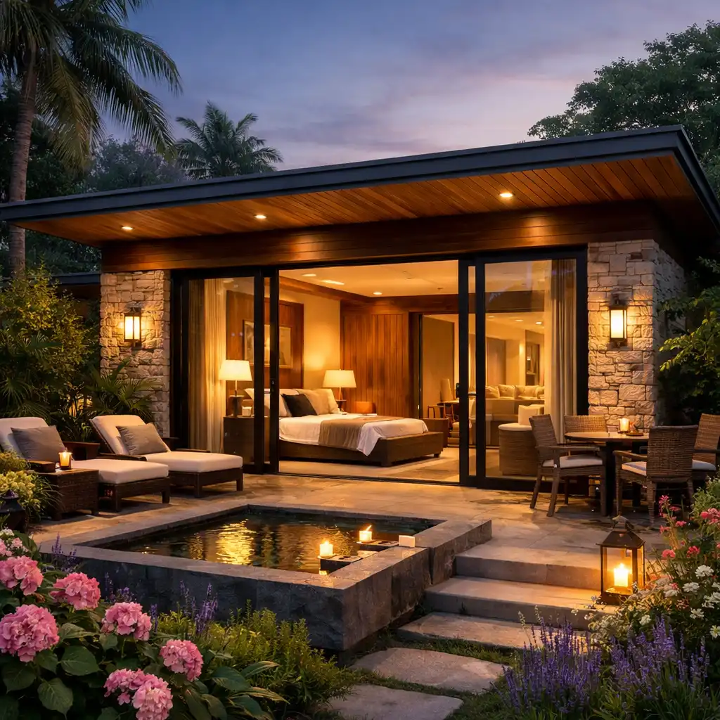 Exterior of a luxury garden villa with a private terrace surrounded by lush greenery