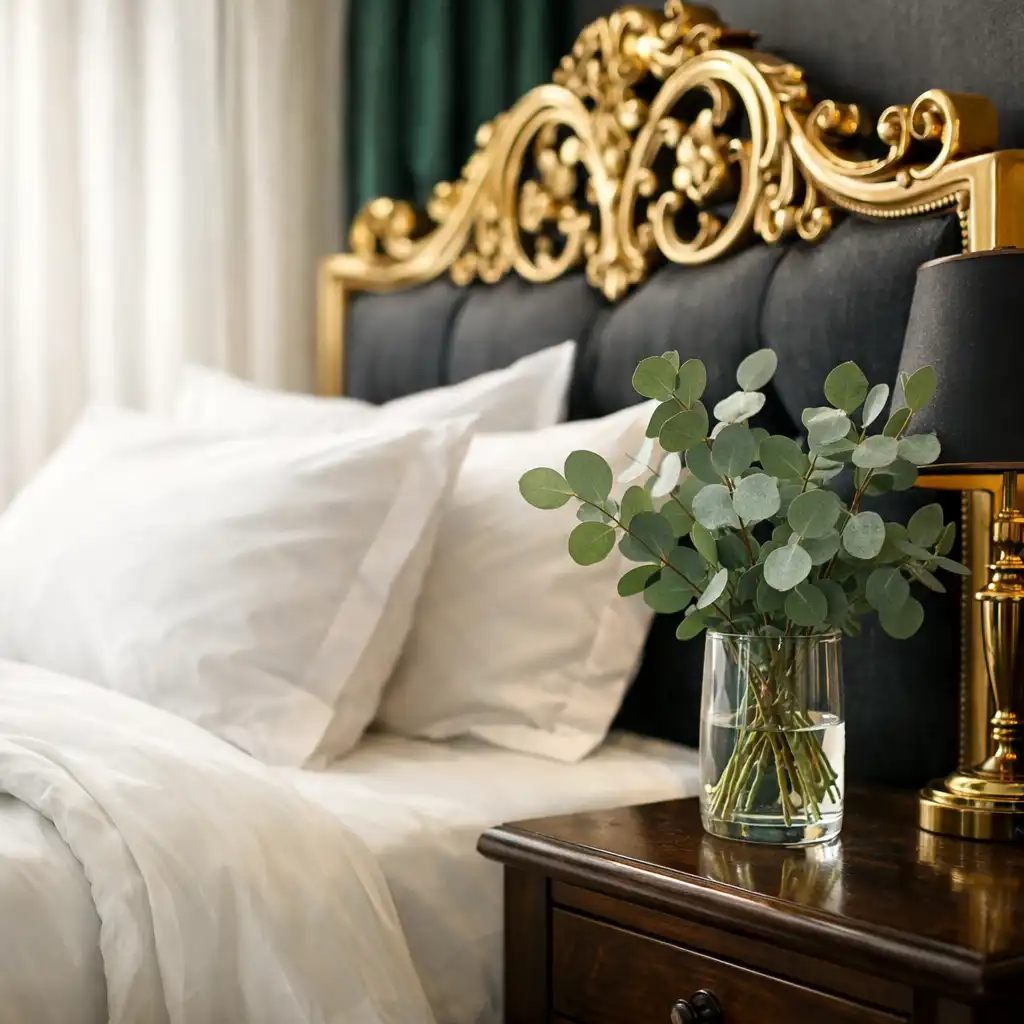 Villa interior detail showing a king bed with gold filigree headboard and fresh eucalyptus