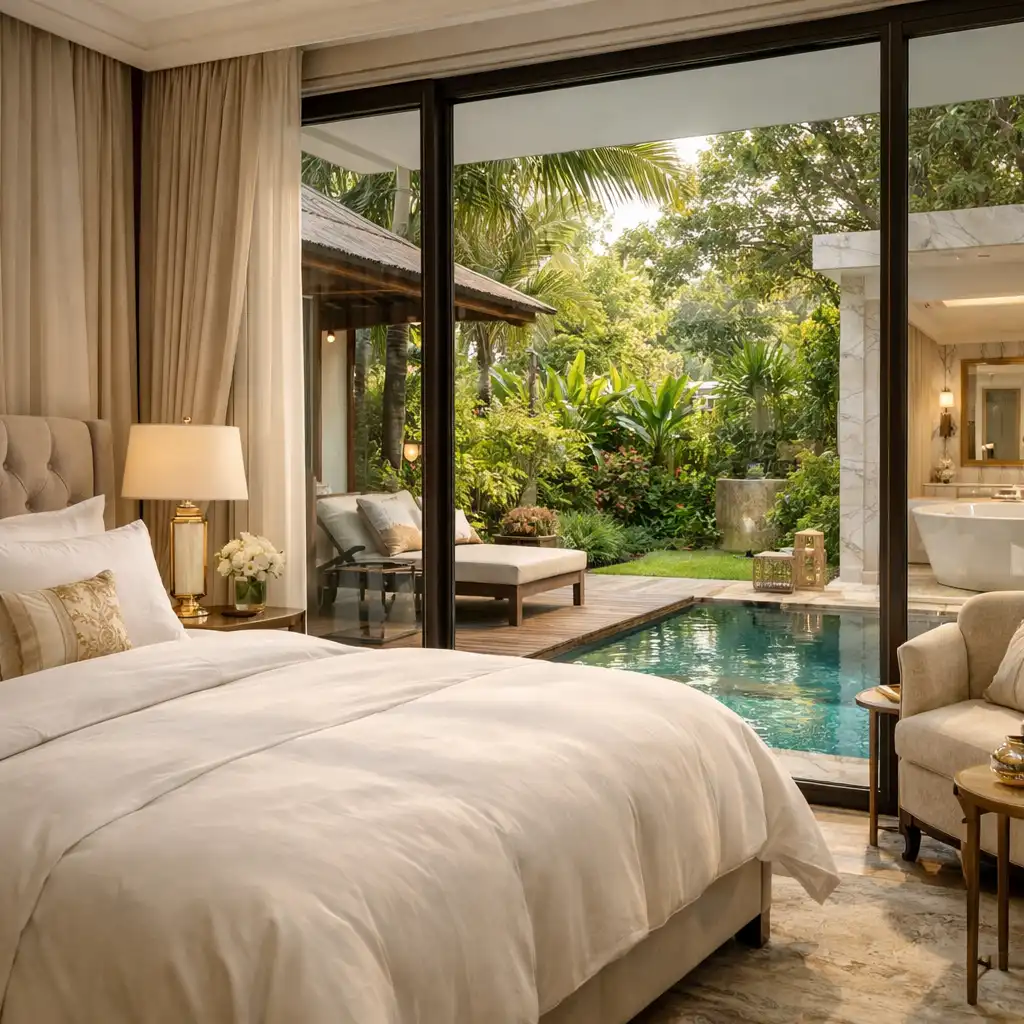 Elegant interior of a luxury garden villa with a king-size bed and floor-to-ceiling windows overlooking a private terrace